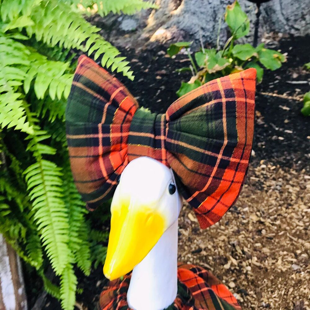 Porch Goose Dress & Bow Outfit For 18-23" Goose Handmade Fall Orange Black Plaid - Picture 5 of 13